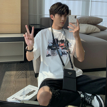 Hualun short-sleeved mens summer loose T-shirt cotton trend ins Hong Kong style print top white T-shirt mens