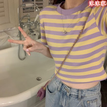 Striped short-sleeved t-shirt womens 2021 new spring and summer short high-waisted design top bottoming shirt with small shirt inside