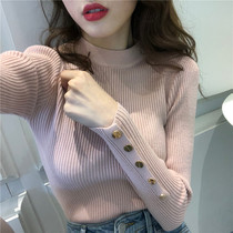High collar knit undershirt woman autumn winter inside lap 2022 new foreign gas plus velvet thickened sleeve head stylish sweater long sleeve