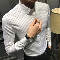 2021 new mens long-sleeved shirt autumn and winter casual shirt Korean slim striped inch clothes autumn business trend