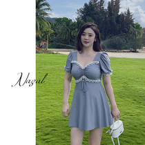 Nazal micro fat mm large breasts to woo sexy big code swimsuit woman covered with slim dress style one-piece student short sleeve