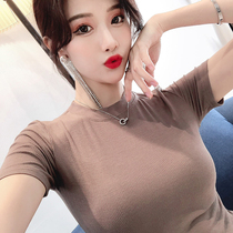 Tide brand solid color top female 2020 slim figure Joker sweater round neck Net red thin stretch T-shirt women