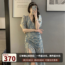  2021 spring and summer new French retro gentle wind dress female mid-length floral split blue dress