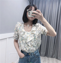 Broken Flowers Short Sleeve Snowspun Shirt 2021 Summer New Lotus Leaf Collar Cover Belly loose Lean Temperament V pilot-shirt