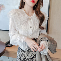 South Korea 2021 spring new doll collar lace base shirt female super fairy slim hollow long sleeve cardigan top