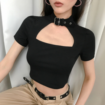 Ins wind dark wind zipper hanging neck sexy short sleeve T-shirt women's high waist hollow navel top slim Joker base