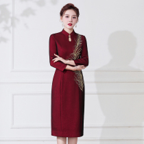 High-end Moms Wedding Dresses Upscale Spring Long Sleeves Small Subdelight Mother-in-law Wedding Qipao Dress Noble Wine Red