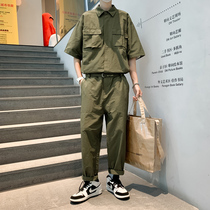 Tooling suit Mens summer new short sleeve shirt with long pants Two loaded tide cards mature and heavy Korean version full body