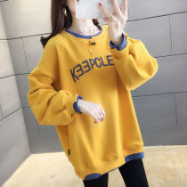 Fall Winter 2021 Womens New Korean Edition Tide Loose Round Neck Fashion Plus-Down No Fleece Fake Two-Piece Sweatshirt for Women