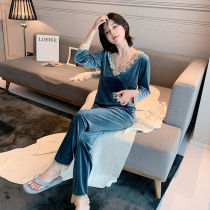 Golden Velvet Pyjamas Woman Spring Autumn Season Long Sleeve Sexy Lace Suit Autumn Winter Thin and Sweet Beauty Net Red Bursting home clothes
