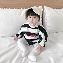 seeukids Korean version 2021 new spring baby men and women baby romper climbing clothes long-sleeved sweater stripes