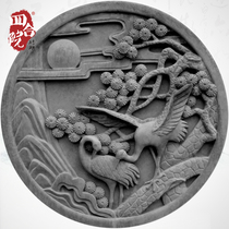 Siheyuan brick carving round antique brick carving wall relief wall brick blue brick 58cm pine crane Yenan DH071 shadow wall