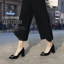 High heel shoe coarse heel 2022 Summer new temperament suede side buckle pointed career commuter shoes with single shoe woman