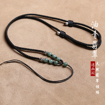 Tong You Pavilion Handmade Lanyard Gold Emerald Pendant Rope Jade Necklace 3mm Thick Rope Adjustable Rope for Men and Women