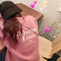 Pink sweater womens 2021 autumn and winter new loose Korean version of the half-high collar plus velvet thick bf lazy wind top tide