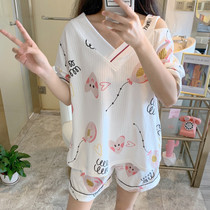 Womens cotton pajamas summer short-sleeved shorts two-piece Net red hot models 2021 Korean version loose can wear home clothes
