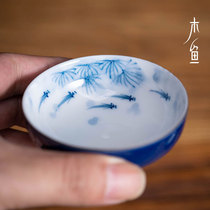 Muyu Ji Lan Hand-painted Fish Play Pu 'er Cup Personal Cup Master Cup Underglaze Blue and White Porcelain Tea Cup Kung Fu Tea Set
