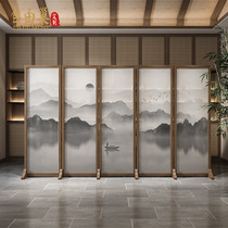 New Chinese solid wood screen Hotel restaurant Tea room partition decoration living room meeting room Mobile fabric landscape folding screen