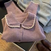 Honey color xuan purple doll collar sweater coat women 2022 autumn and winter new design sense niche knitted top