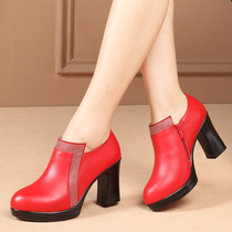 Female style spring high heel leather shoes 2021 new genuine leather coarse heel single shoe beautiful water drill red womens shoes mom shoes