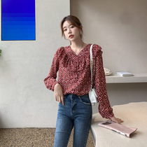 Long sleeve small floral shirt Womens New 2021 design sense niche short chiffon French shirt jacket autumn