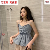 Hong Kong flavor retro chic wooden ear V collar outside wearing suspenders female tide hipster waist slim short vest