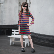 Girls dress for dress Korean version Long sleeves Rainbow dress Spring autumn dress Childrens striped knitted dress for sweater skirts