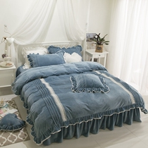 Korean version of net red winter coral velvet four-piece thickened Crystal velvet Falavia quilt cover bed skirt 1 5m11 8m meters bed