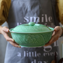 Celadon Chinese large soup bowl with lid ceramic Noodle Bowl vegetable bowl 9 inch pot household instant noodle salad