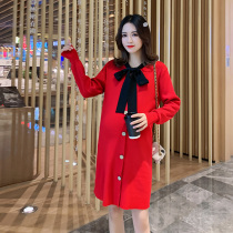 Pregnant women autumn dress 2021 hot mom fashion sweater lace bow pregnancy slim knitwear commute