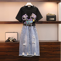 2021 summer new large size womens clothing slightly fat sister foreign style thin cover belly denim dress two-piece suit