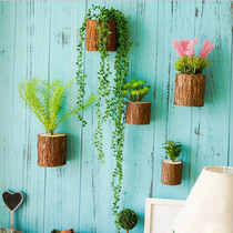 Creative simulation flower pot wall on wooden pile stereo simulation plant multi-flesh wall hanging decorative wall