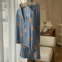 Small Red Book Favourites Sleeping Clothes Superior Real Silk Slippery Fog Blue Lions Small Lions Long Sleeves Long Pants Lovers Ice Silk Suit
