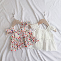 Small frescoed Korean version girls summer harness ruffles back blouses pure cotton skirt type small flying sleeves baby vest girl child