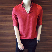 Summer pure color 50% short sleeve T-shirt male Korean version cover head V collar loose bf wind casual trend hairstylist shirt man