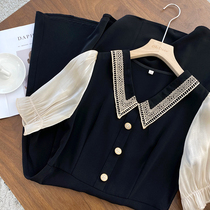 Temperament Hepburn style exquisite embroidery collar stitching yarn Belly thin dress 2021 New Year Small Black dress Womens Summer