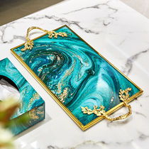 Nordic light luxury Phnom Penh frame Agate grain Marble grain glass metal tray Home living room storage ornaments