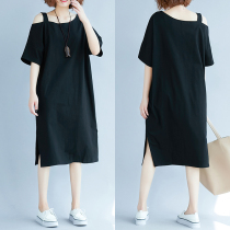  Large size womens strapless dress 2020 new womens summer loose 200 kg fat mm one-line collar mid-length T-shirt