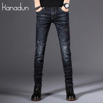 Spring Autumn Tide Card Jeans Male small footed shot in Korean version trendy youth elastic plus suede mens retro 100 lap pants