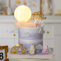 Mid-Autumn Festival Baking Cake Decoration Little Rabbit Jade Rabbit Cloud Ornament Net Red Aesthetic Luminous Moon Light Dress Up