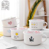Instant noodle bowl with lid with handlebar dormitory student Bowl chopsticks set ceramic instant noodle cup Japanese rice bowl rice box soup bowl noodle bowl