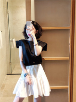 BORAKOO Korea Dongdaemun Summer Super design black leaky back doll shirt