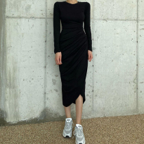 H home European and American style solid color asymmetric fold round collar pullover long dress sexy slim black dress
