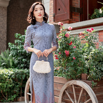 Yihongyan drunk flower yin lace three-point sleeve modified cheongsam dress temperament young slim mid-length