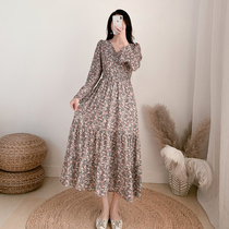 Spring dress crumbled dress 2021 New v collar 170 tall taller dress Skirt Cashew long sleeve Fast-style Long Skirt Woman