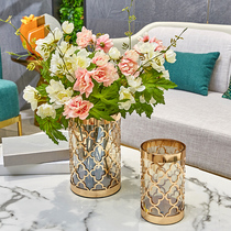 Light luxury golden stainless steel hollow geometric glass vase model room home living room dining table TV cabinet floral art