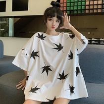 Student Han version loose T-shirt female short sleeve original Cebu windy summer undercoat missing mid-length 70% sleeves maple leaf blouse