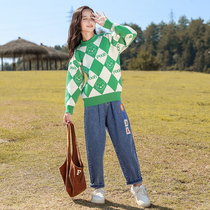 Girls Winter Sweater 2022 New Western Style Childrens Spring Autumn Winter Middle and Big Childrens Fashionable Round Neck Autumn Knitwear