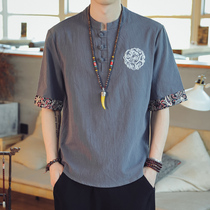 Chao brand linen short sleeve T-shirt mens embroidery Chinese style trend cotton linen leisure half sleeve summer loose collar Tang suit