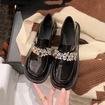 Shizhao if 2022 Spring autumn new coarse heel water drill Lefu shoes women flat bottom small leather shoes square head genuine leather single shoes